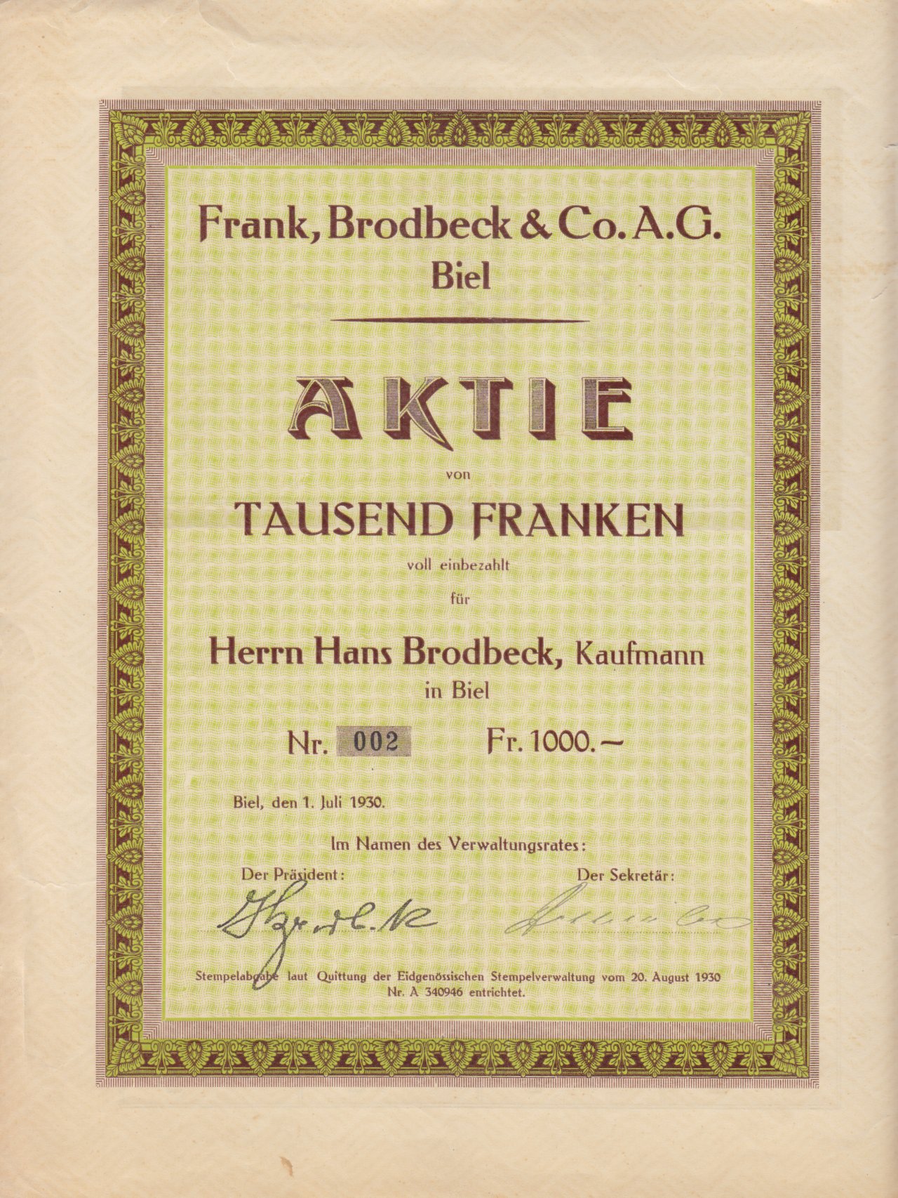 Eine alte Aktie über 1000 Franken der Brodbeck AG auf Papier